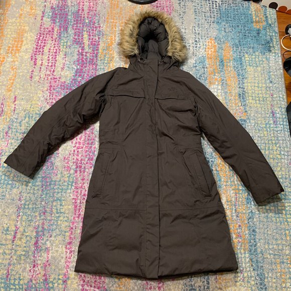 The North Face Goose Down Long Parka Coat Brown Hooded Fur Women's Size Large - Picture 1 of 10